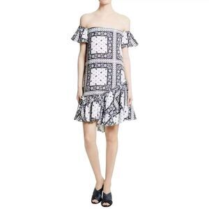 Cinq a Sept Minella Floral Paisley Mini Ruffle Off the Shoulder Dress Sz 4 Navy